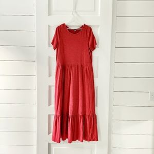Old Navy Tiered Smock T-shirt Maxi Dress LARGE TALL Smoky Red Color